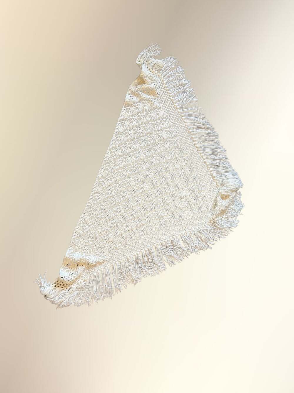 Vintage Hand Knit Cream Crochet Fringe Triangle Shawl Wrap OS